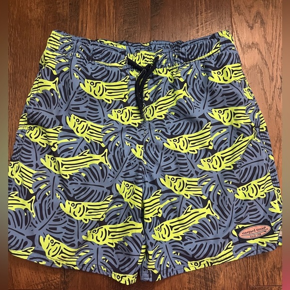 Vineyard Vines Fish Print Swim Shorts Blue and Green Size Medium M 12-14 - Picture 1 of 5